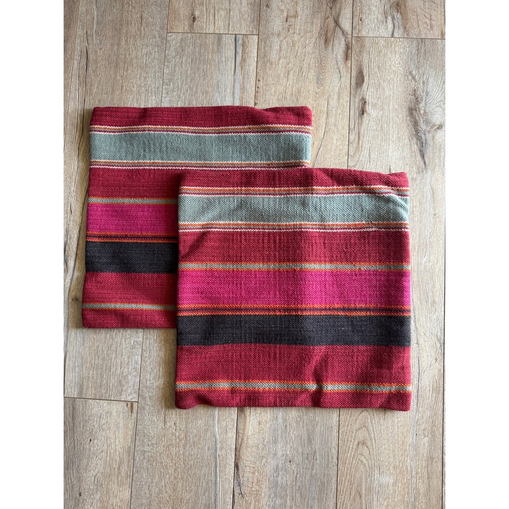 Pottery Barn Wool Cotton Blend Multi-Striped Woven Kilim Square 2 Pillow Cases